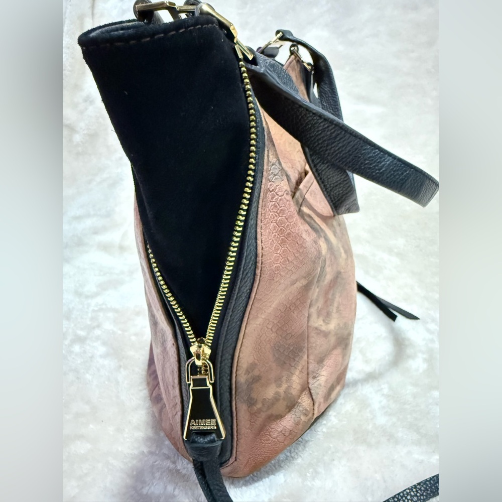 Aimee Kestenberg Leather Shoulder Bag Black Brown Snakeskin Tote Gold Hardware - Picture 10 of 16